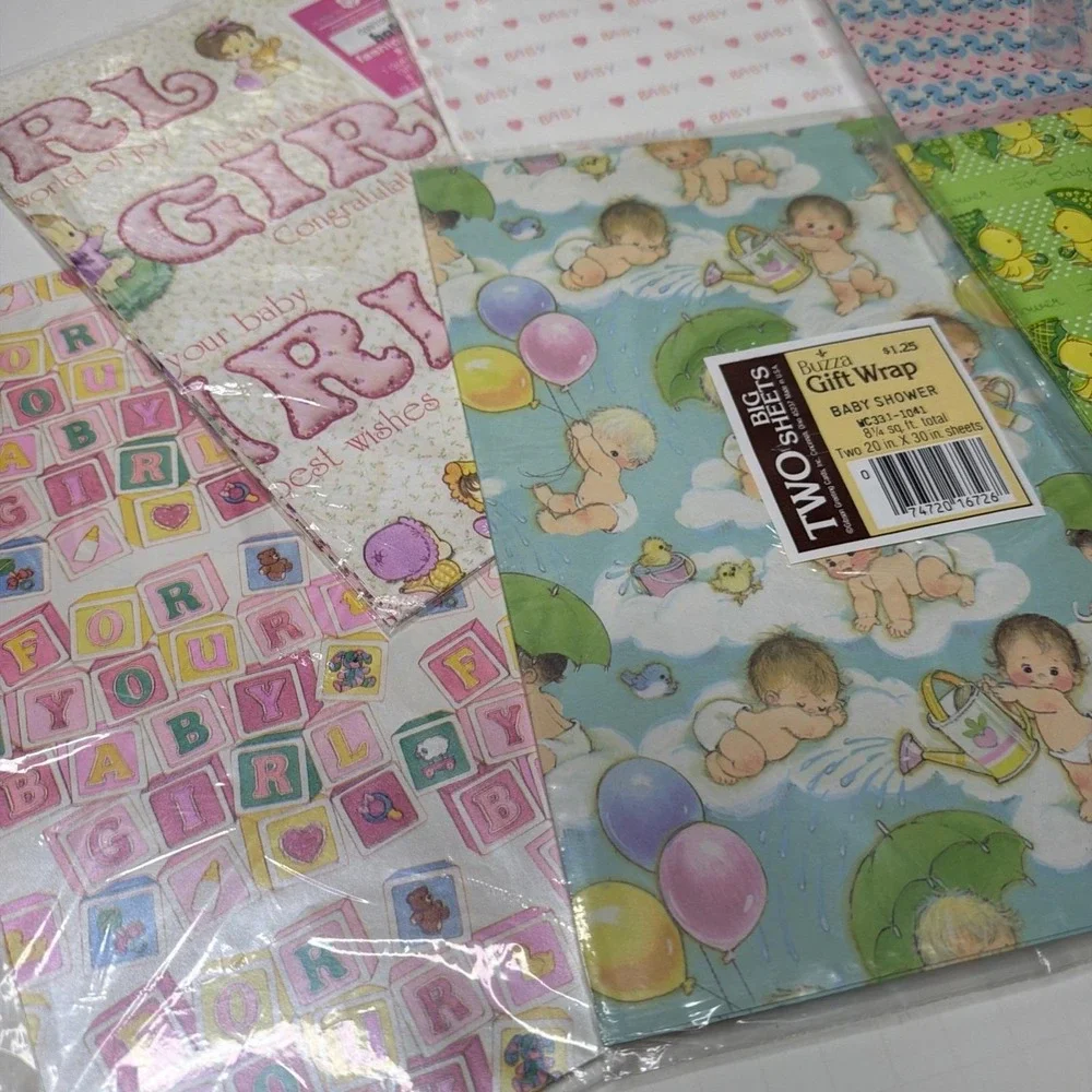 Vintage Baby Wrapping Paper lot incl Hallmark/American Greetings/Sangaman/Buzza+